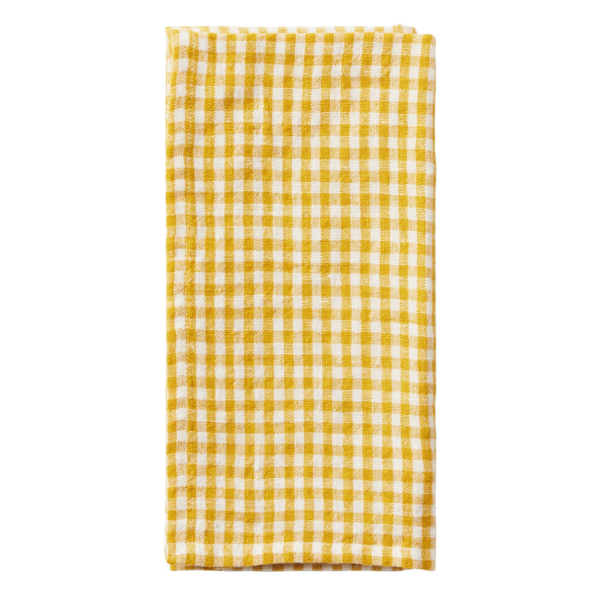 A folded yellow and white gingham checkered kitchen towel or tea towel on a solid white background.