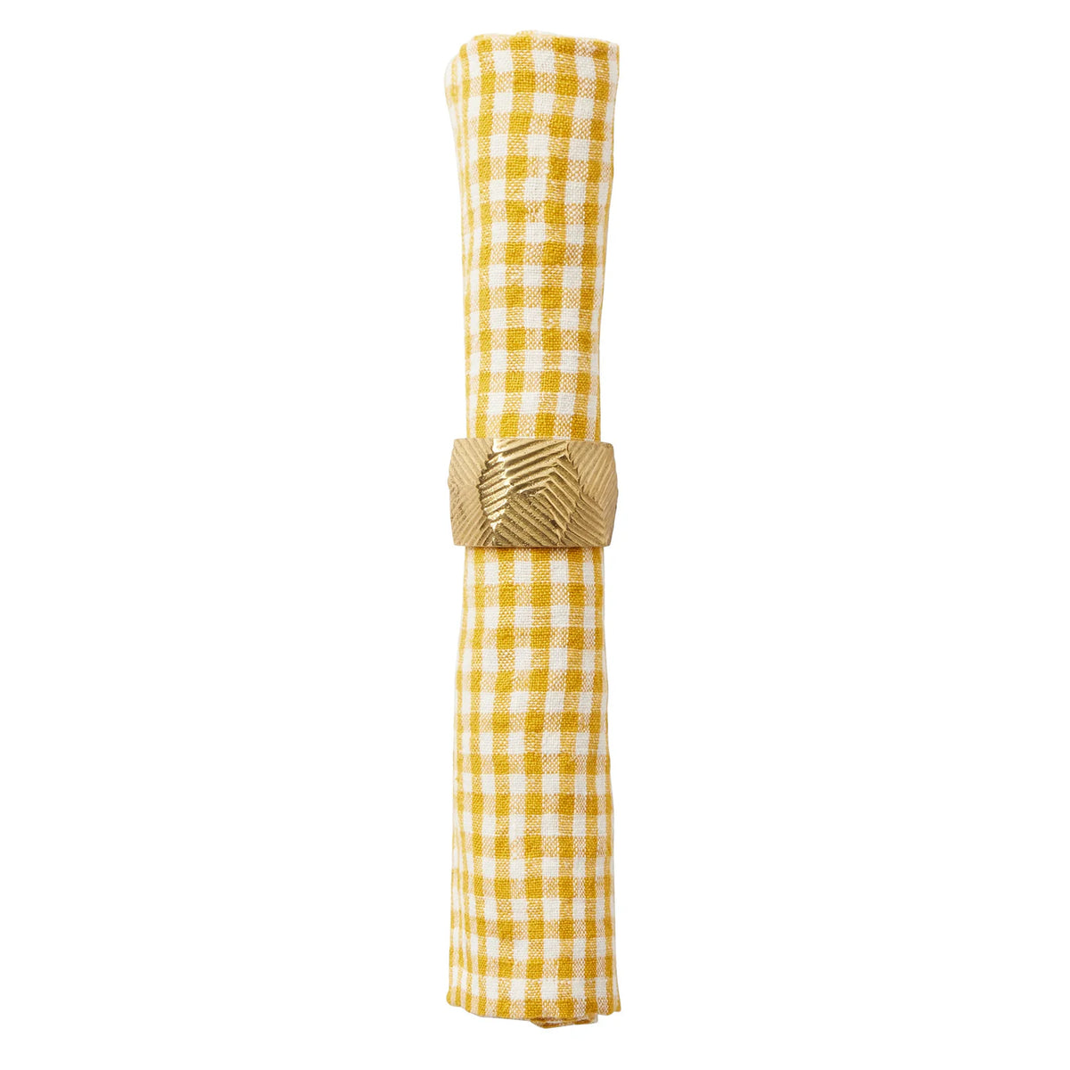 A rolled yellow and white gingham check linen napkin held in place by a textured gold-toned ring, isolated on a white background.