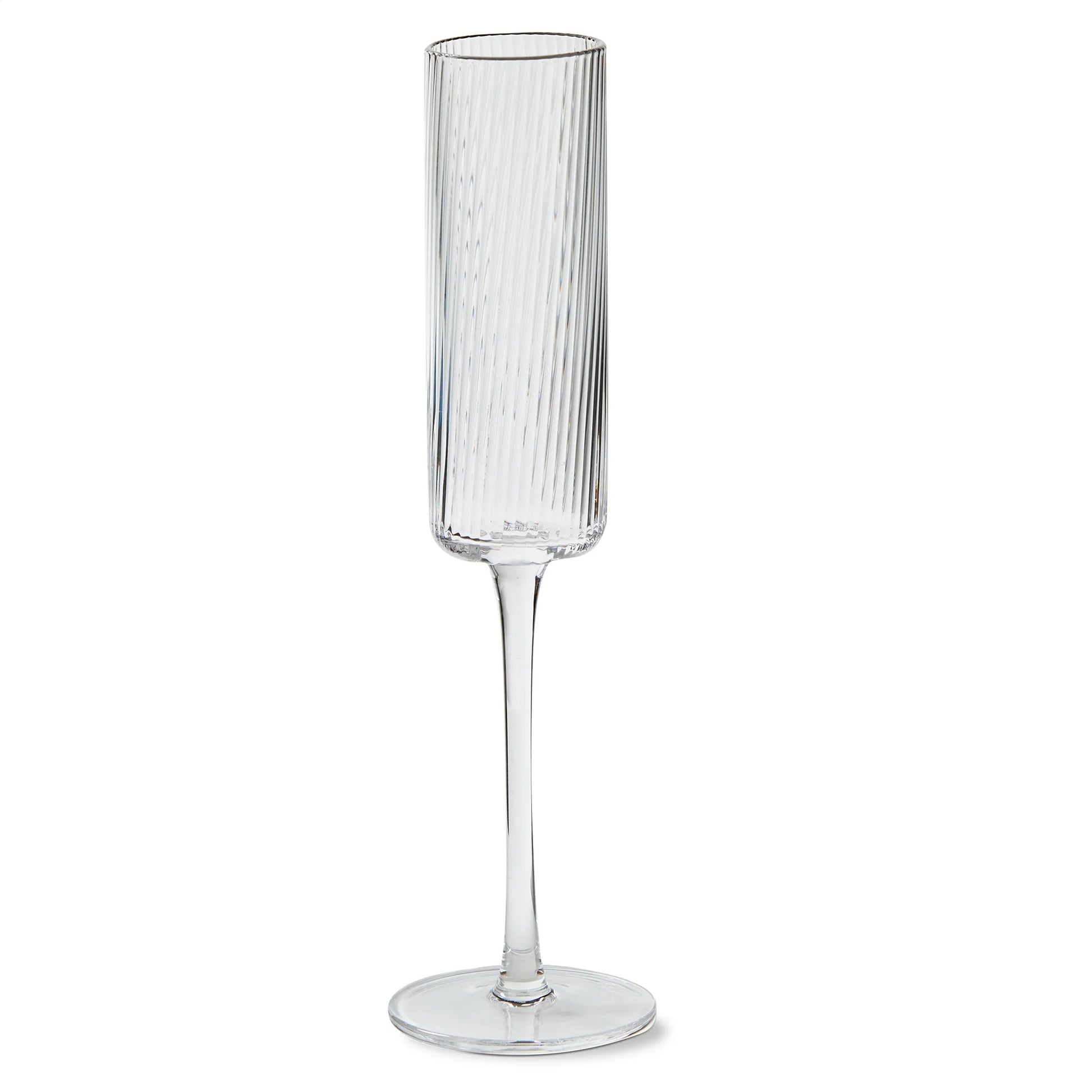 Clear ribbed champagne flute on a white background