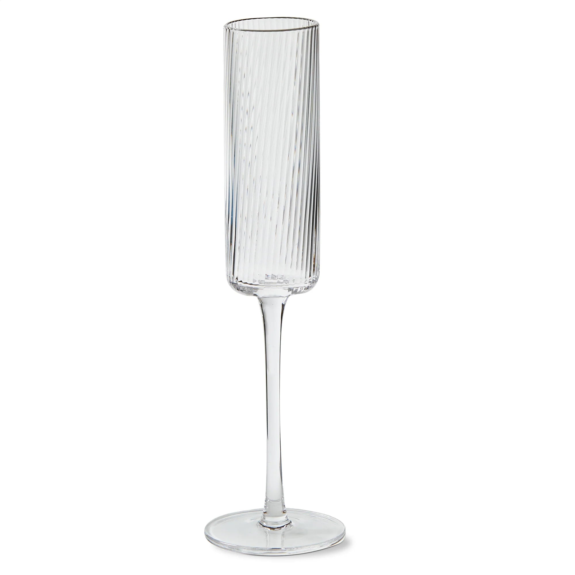 Clear ribbed champagne flute on a white background