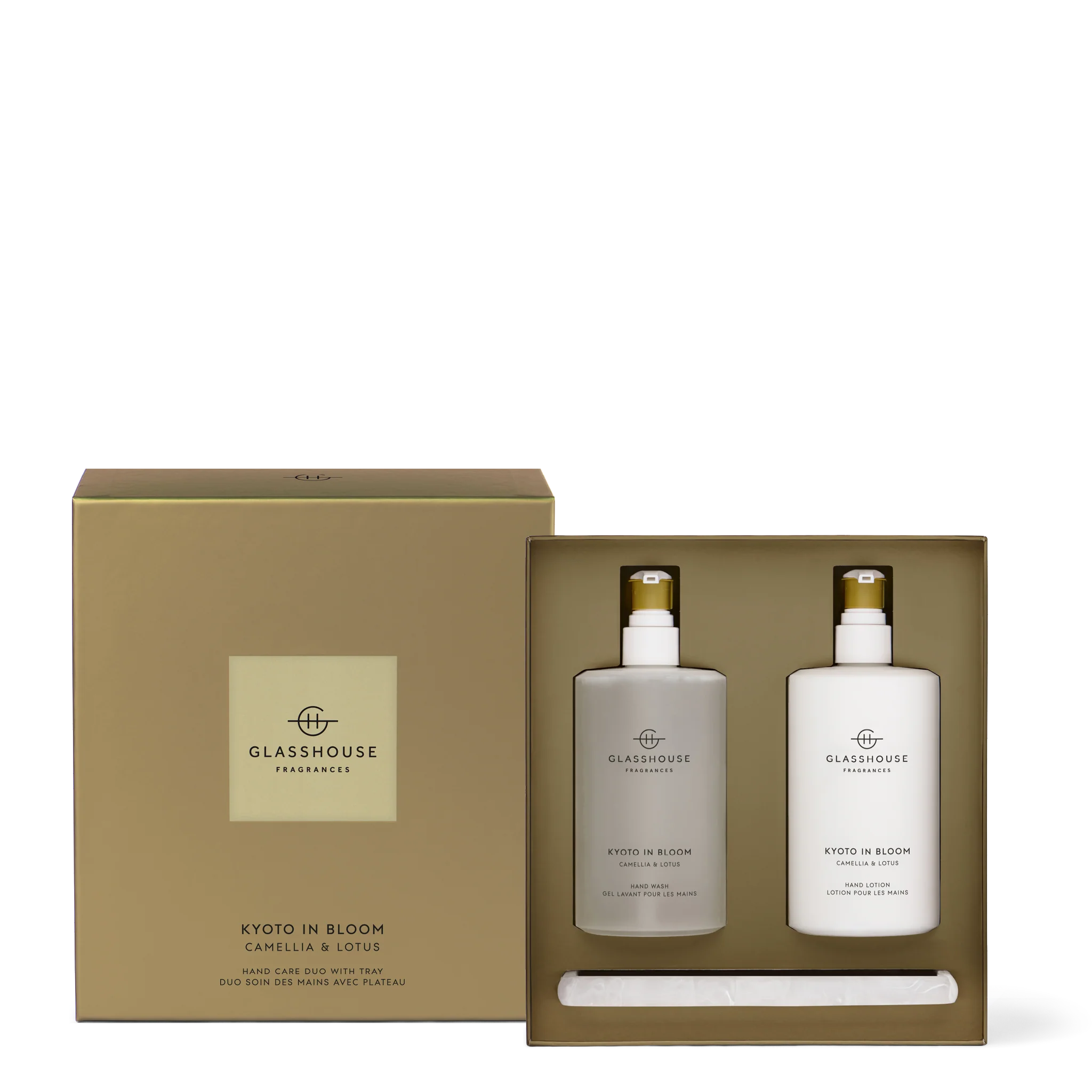 Kyoto in Bloom Hand Care Duo with Tray – Camellia & Lotus (Hand Wash & Hand Lotion, 15.2 fl. oz. each) by Glasshouse Fragrances