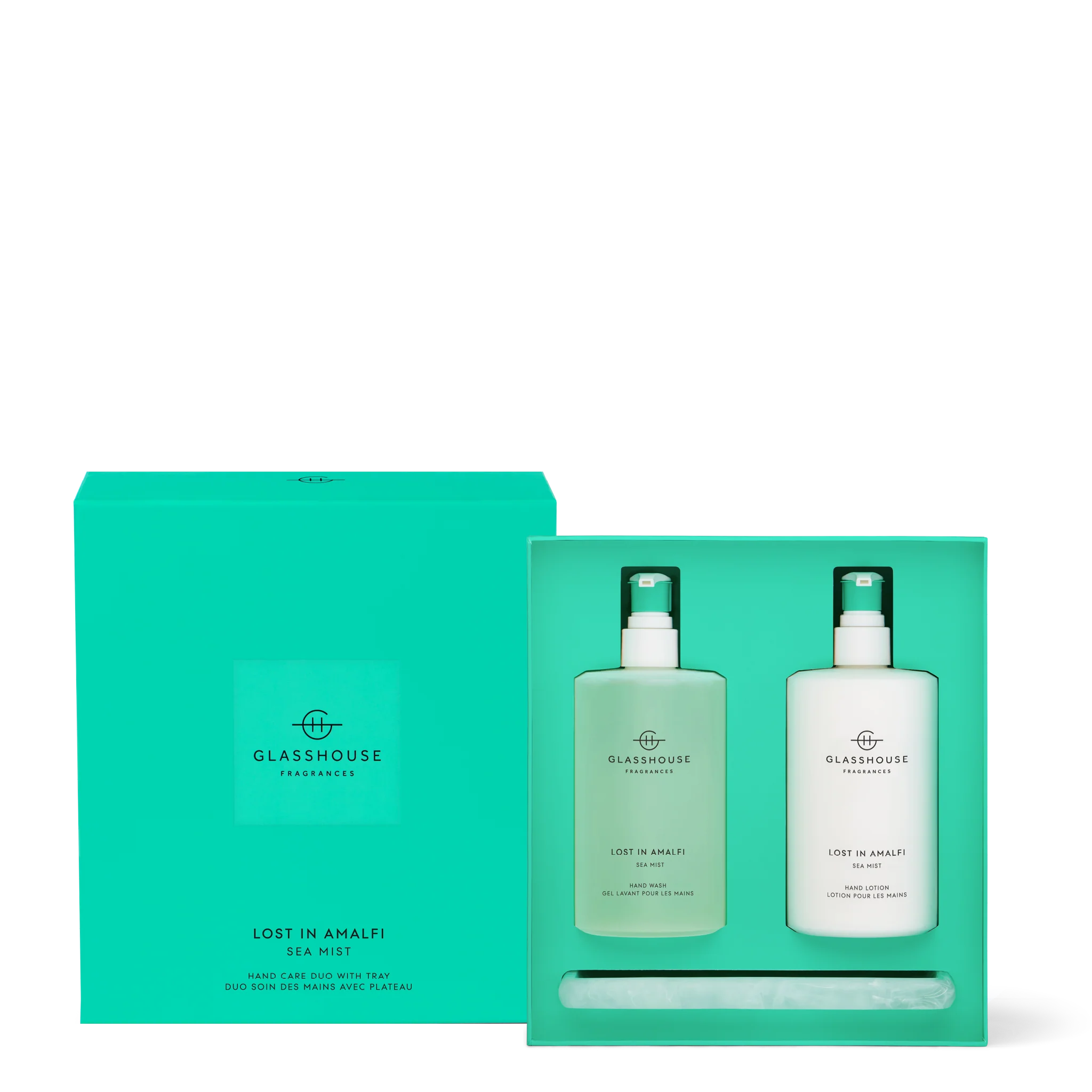 Lost in Amalfi Hand Care Duo with Tray – Sea Mist (Hand Wash & Hand Lotion, 15.2 fl. oz. each) by Glasshouse Fragrances