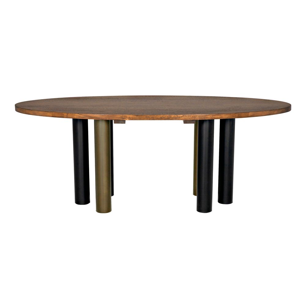 Journal Oval Dining Table, Dark Walnut with Black & Aged Brass Iron Base by NOIR