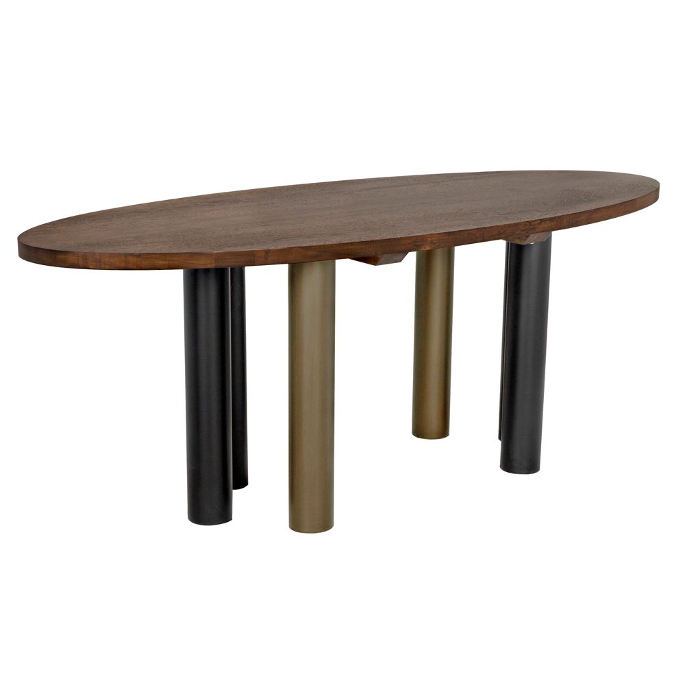 Journal Oval Dining Table, Dark Walnut with Black & Aged Brass Iron Base by NOIR
