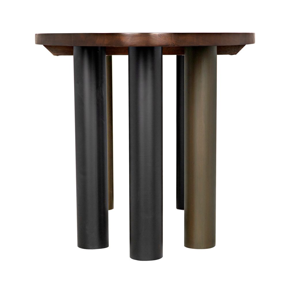 Journal Oval Dining Table, Dark Walnut with Black & Aged Brass Iron Base by NOIR