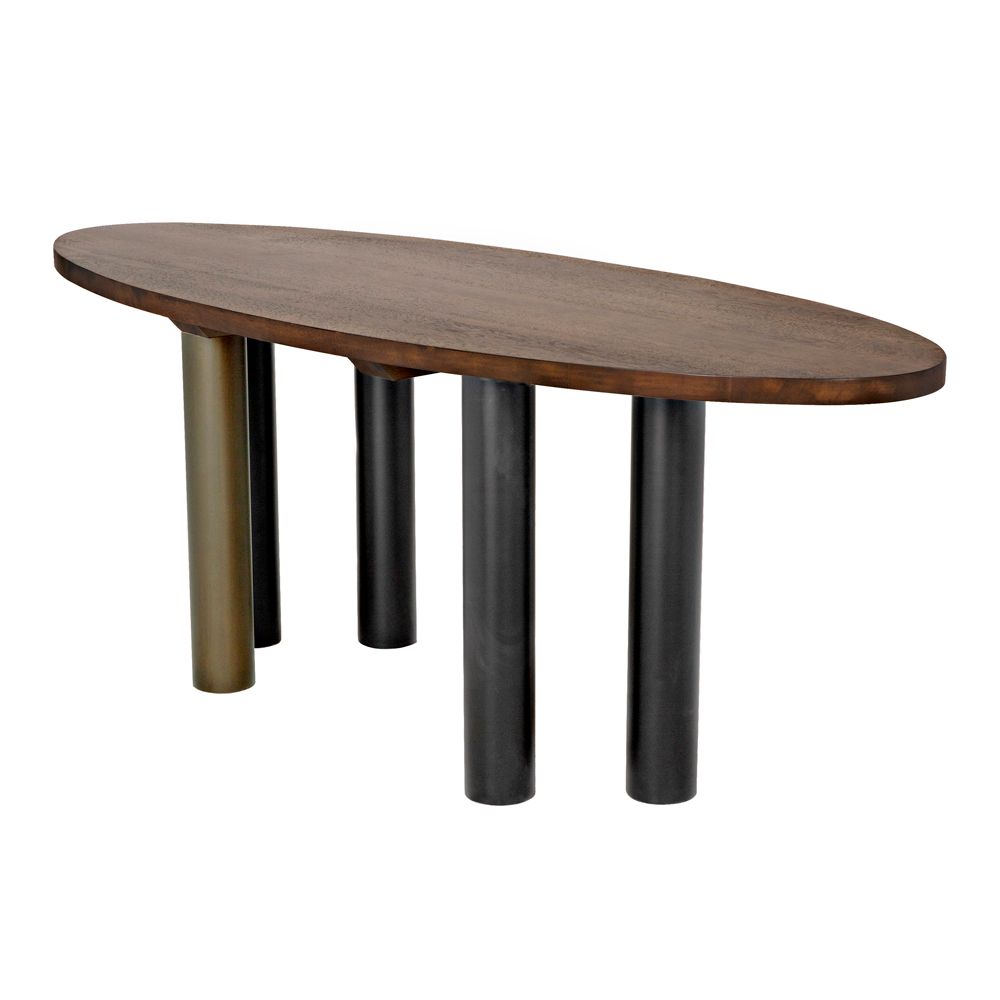 Journal Oval Dining Table, Dark Walnut with Black & Aged Brass Iron Base by NOIR