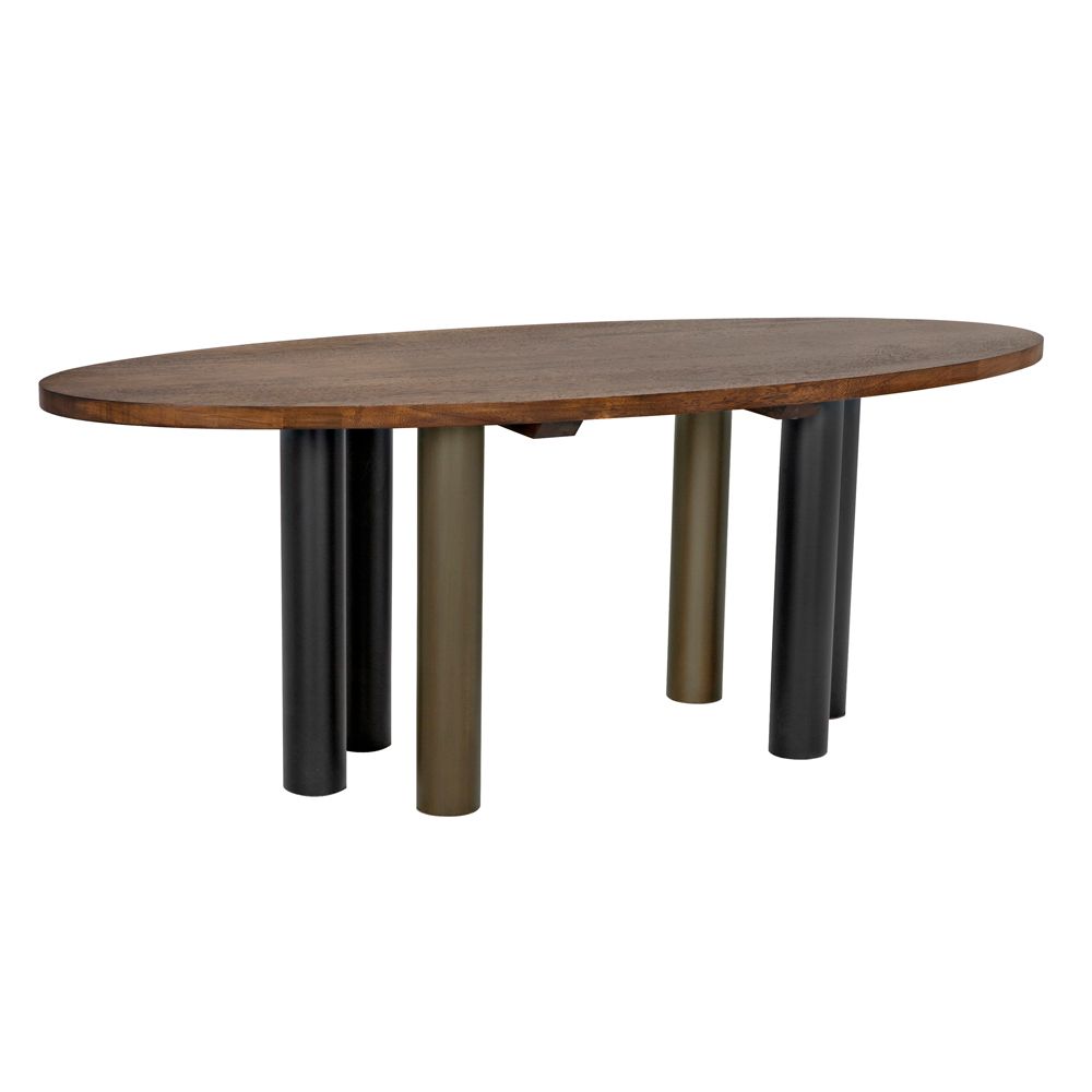 Journal Oval Dining Table, Dark Walnut with Black & Aged Brass Iron Base by NOIR