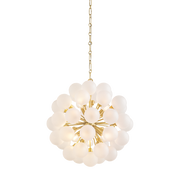 Chandelier with white glass globes and gold metal structure on a white background