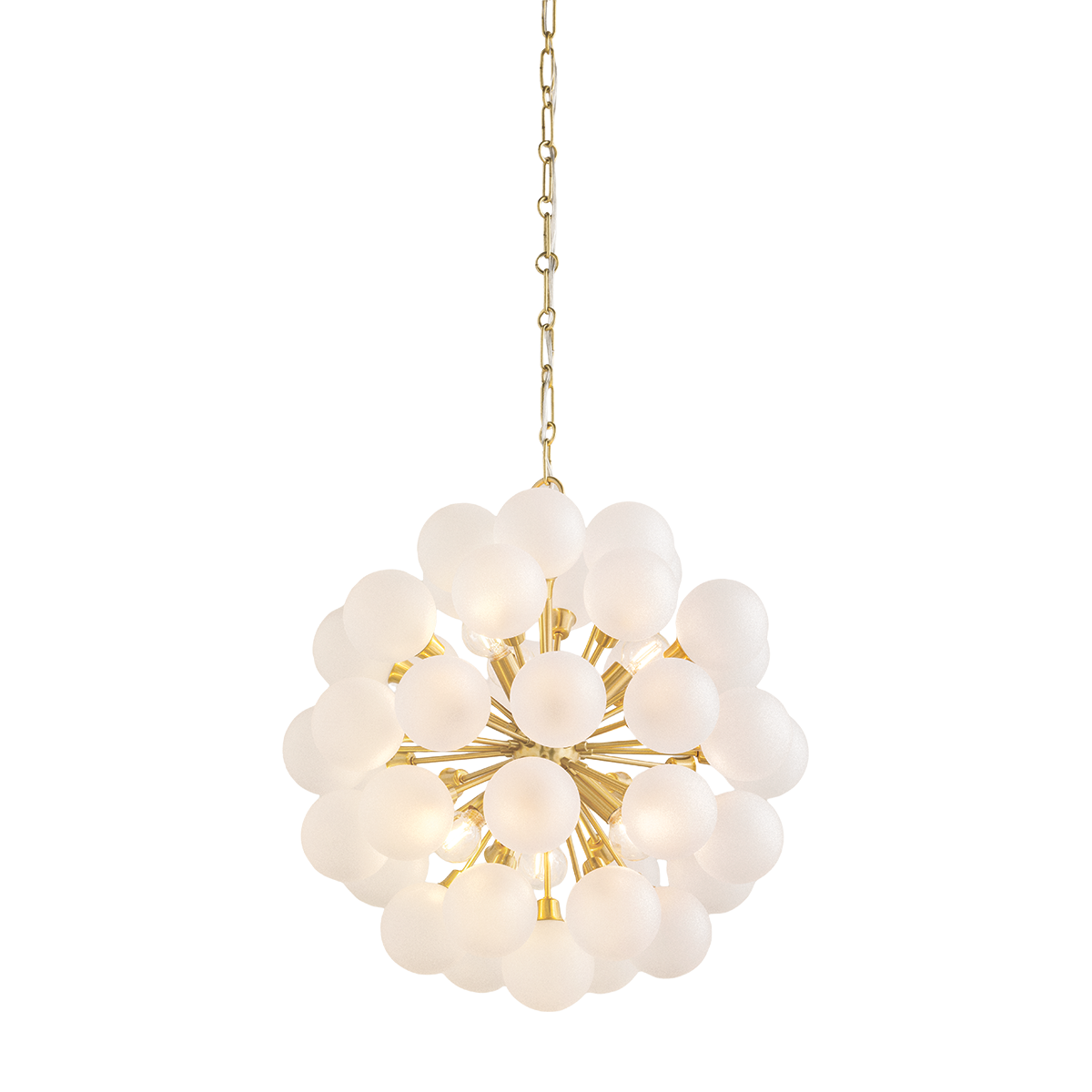 Chandelier with white glass globes and gold metal structure on a white background