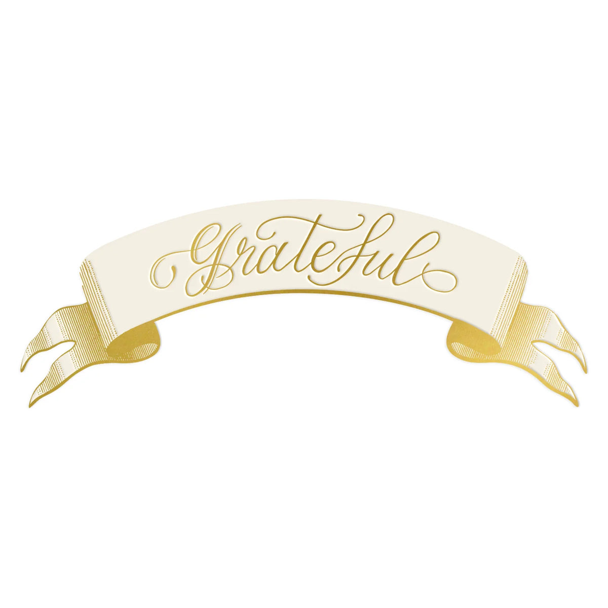Grateful banner table accent with 'Grateful' text in ivory with gold foil calligraphy by Hester & Cook.