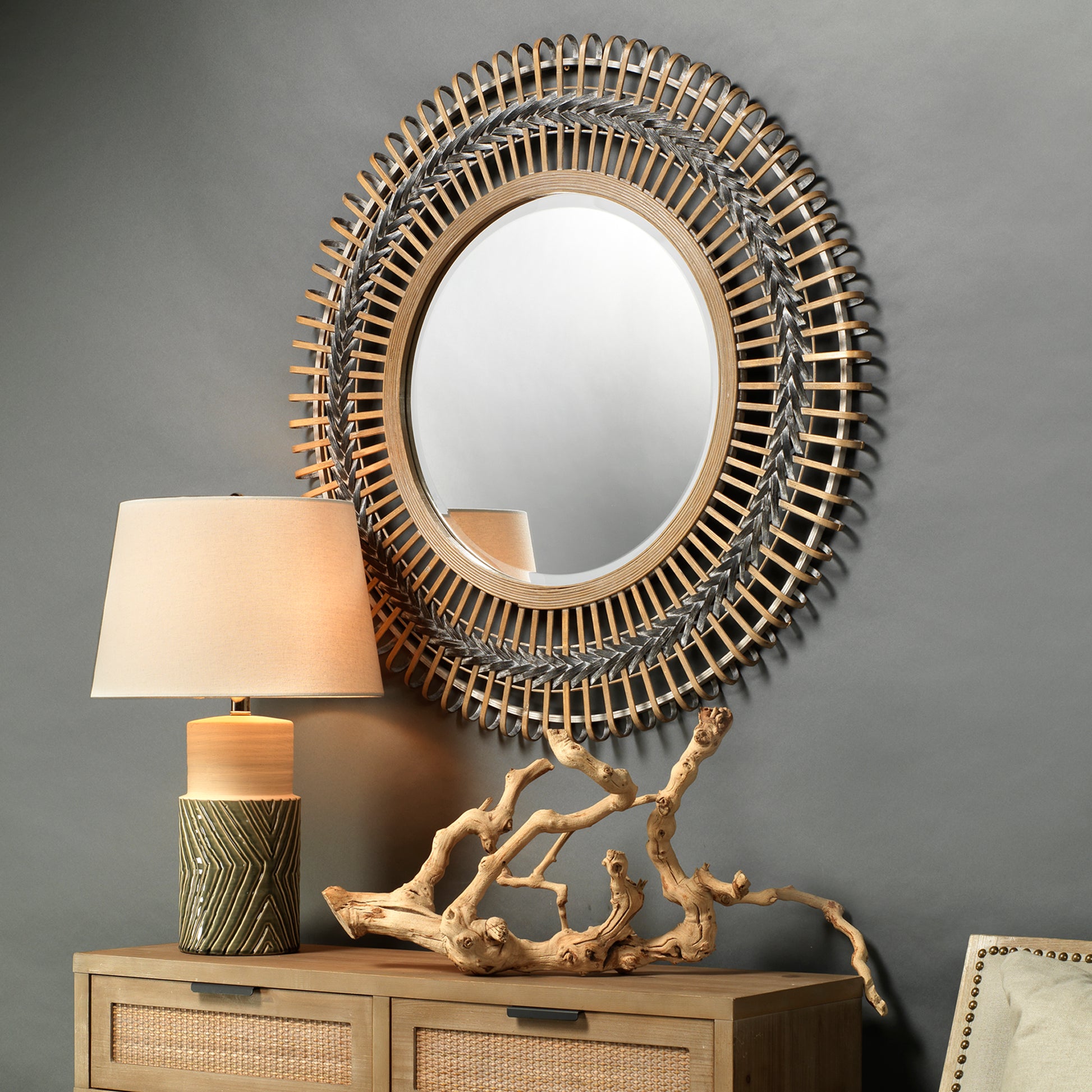 Grove Bamboo Round Braided Mirror, Gray by Jamie Young