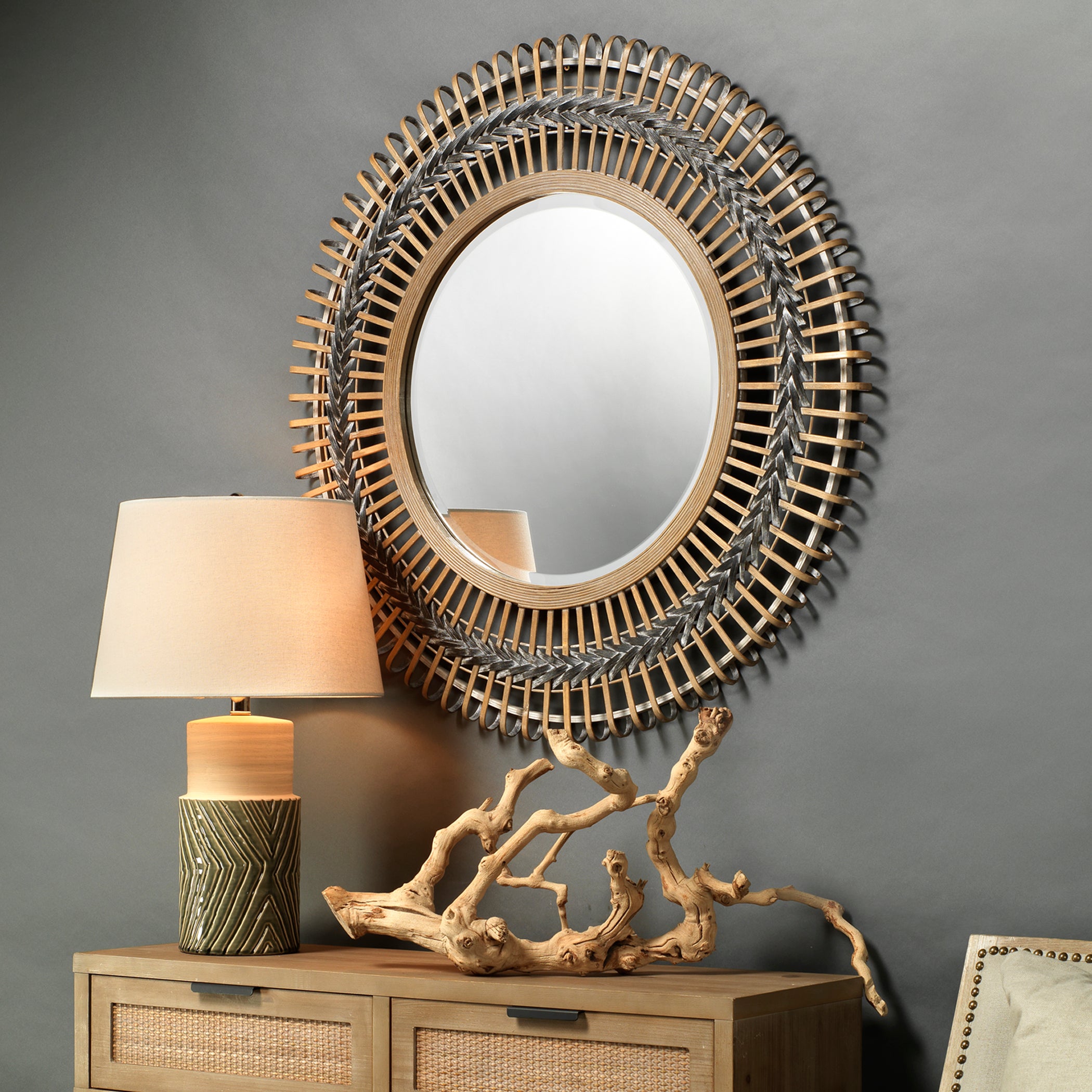 Grove Bamboo Round Braided Mirror, Gray by Jamie Young