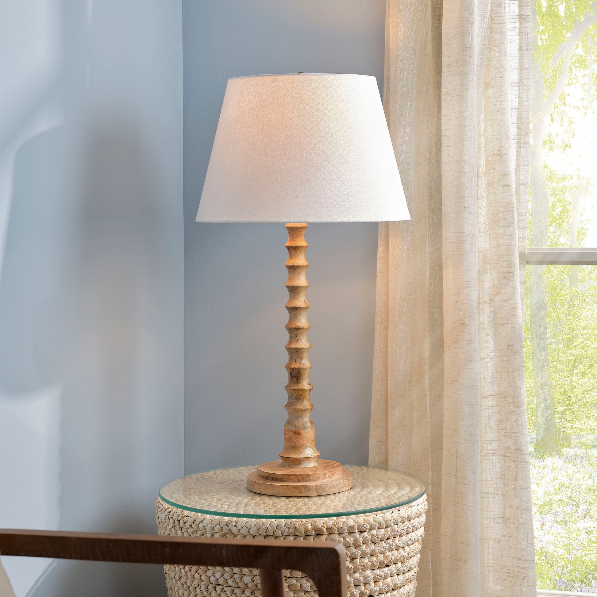 Revolution Wood Table Lamp with Linen Shade by Jamie Young