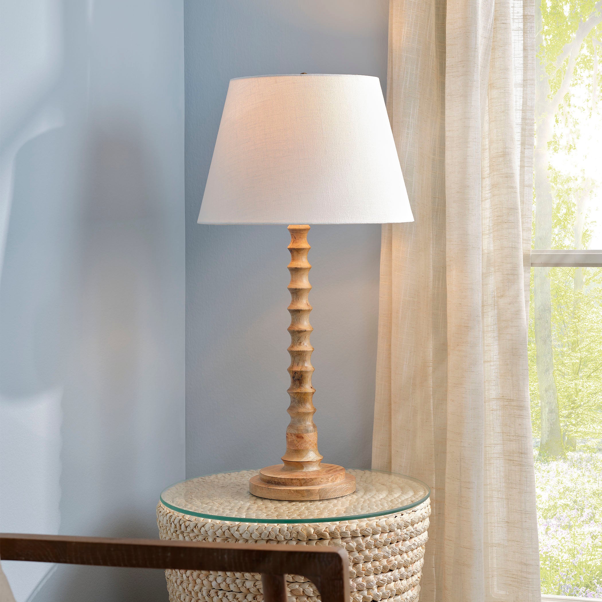 Revolution Wood Table Lamp with Linen Shade by Jamie Young