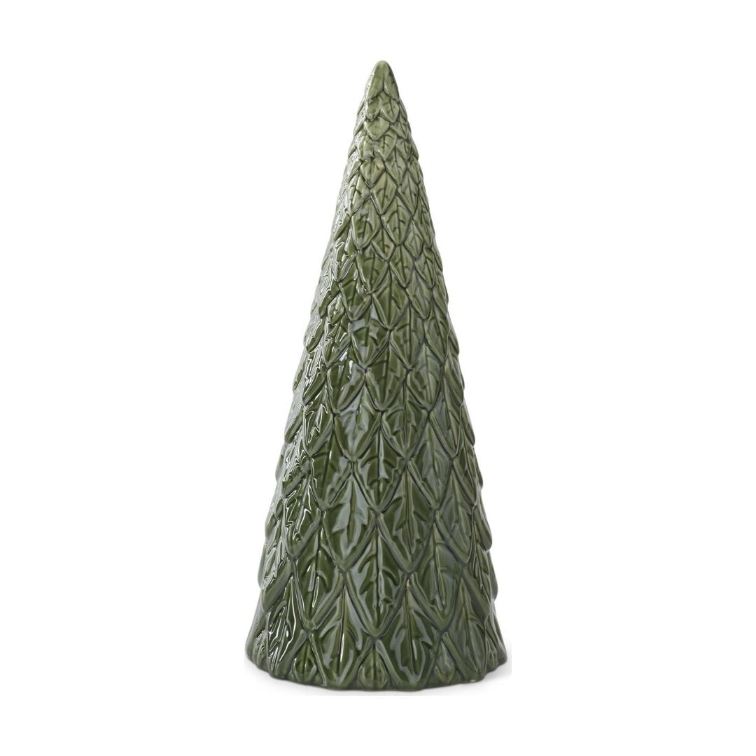 A small decorative tree-shaped ceramic vase or ornament in a textured olive green glaze, shown on a plain white background.