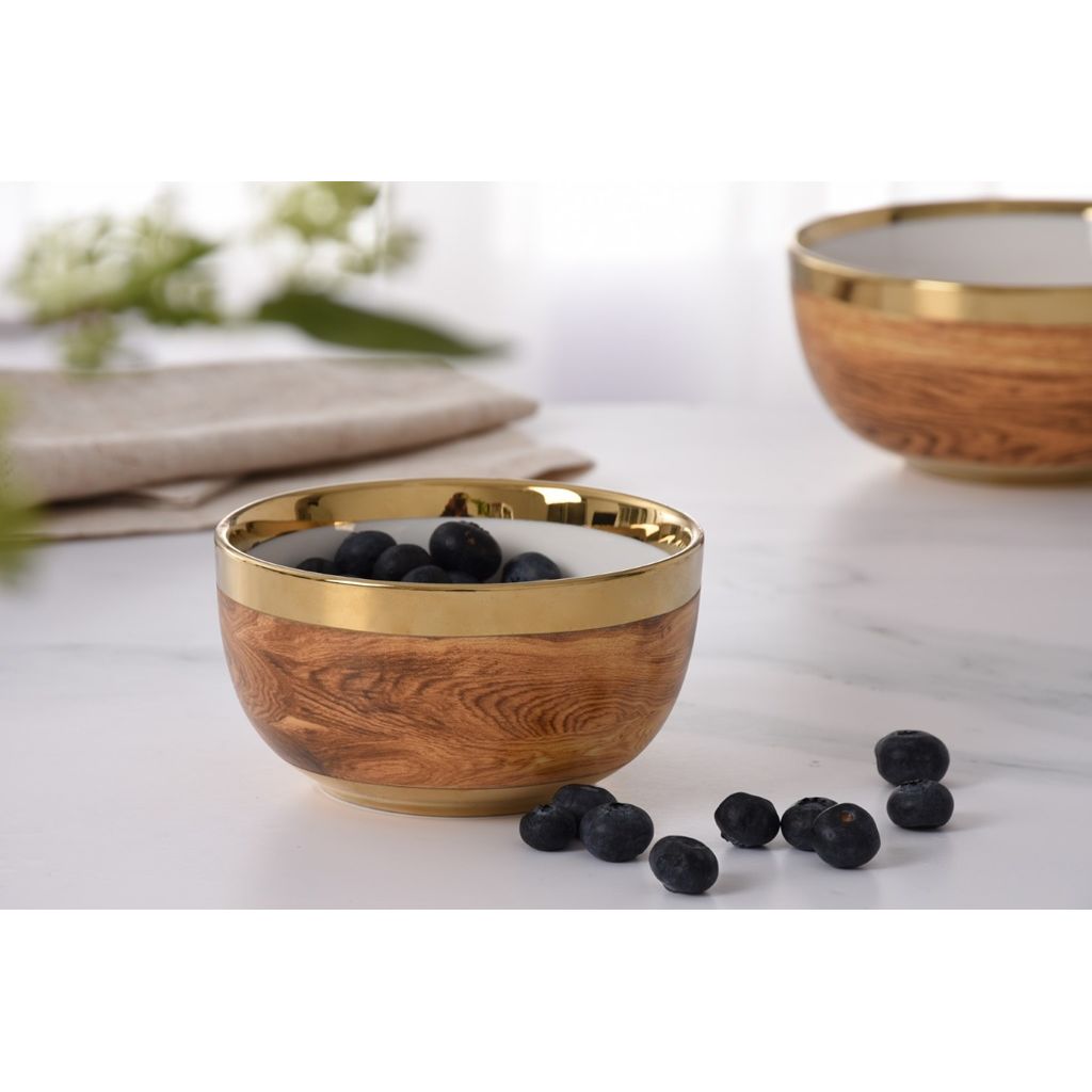 Madera Porcelain Snack Bowl – Wood & Gold by Pampa Bay