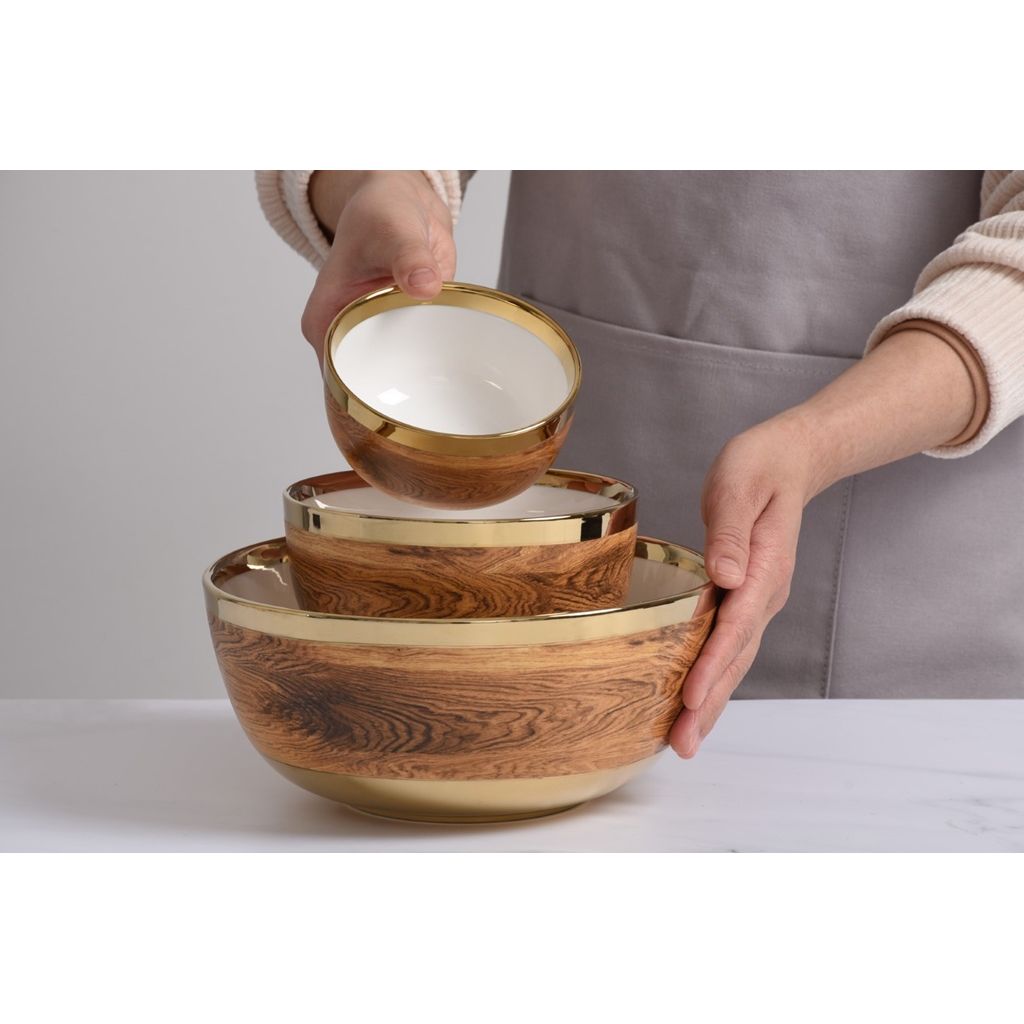 Madera Porcelain Snack Bowl – Wood & Gold by Pampa Bay