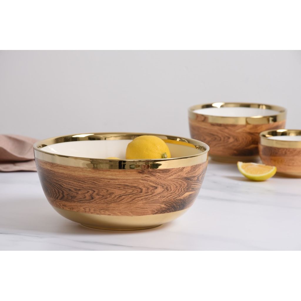 Madera Porcelain Large Serving Bowl – Wood & Gold by Pampa Bay
