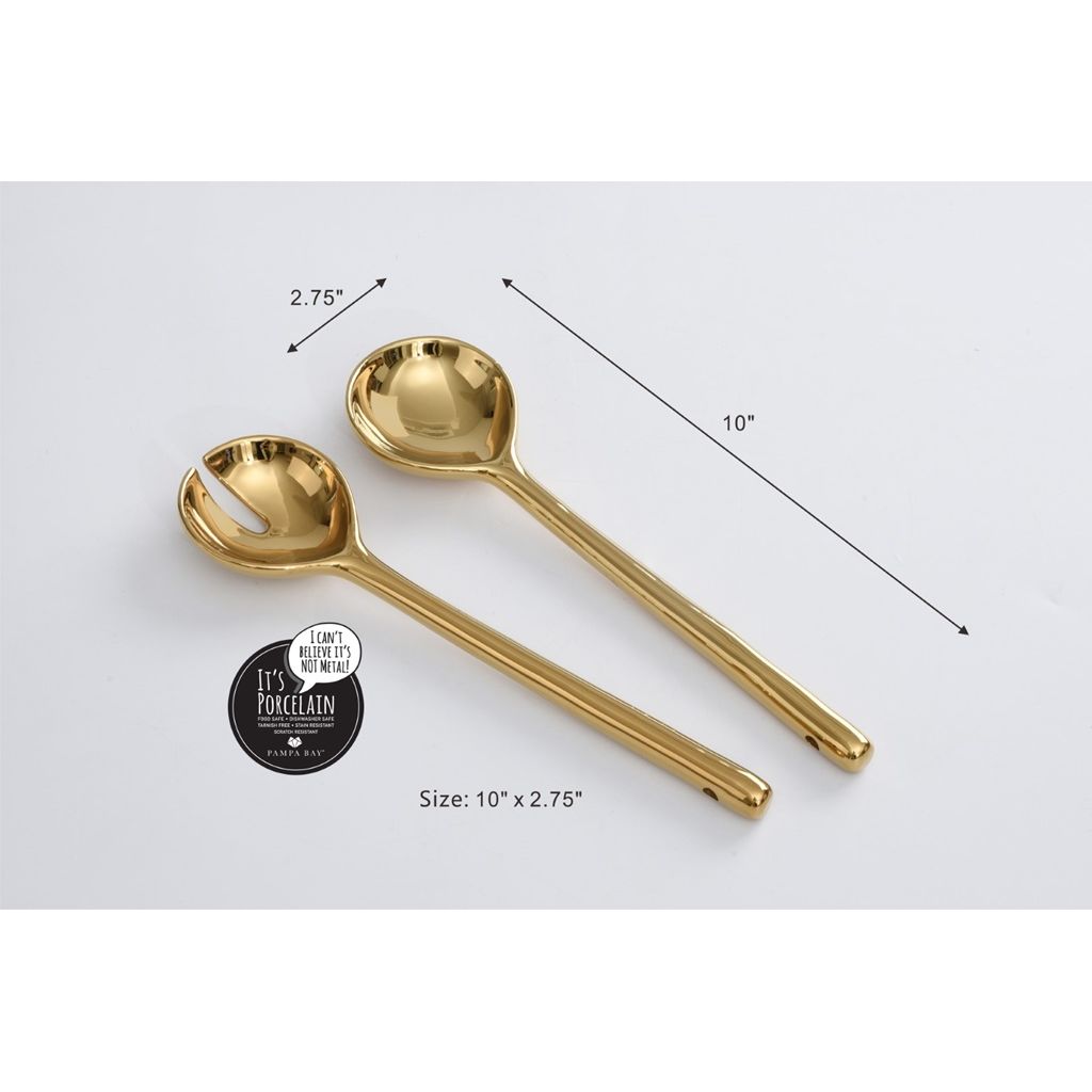 Madera Porcelain Salad Servers – Wood & Gold by Pampa Bay