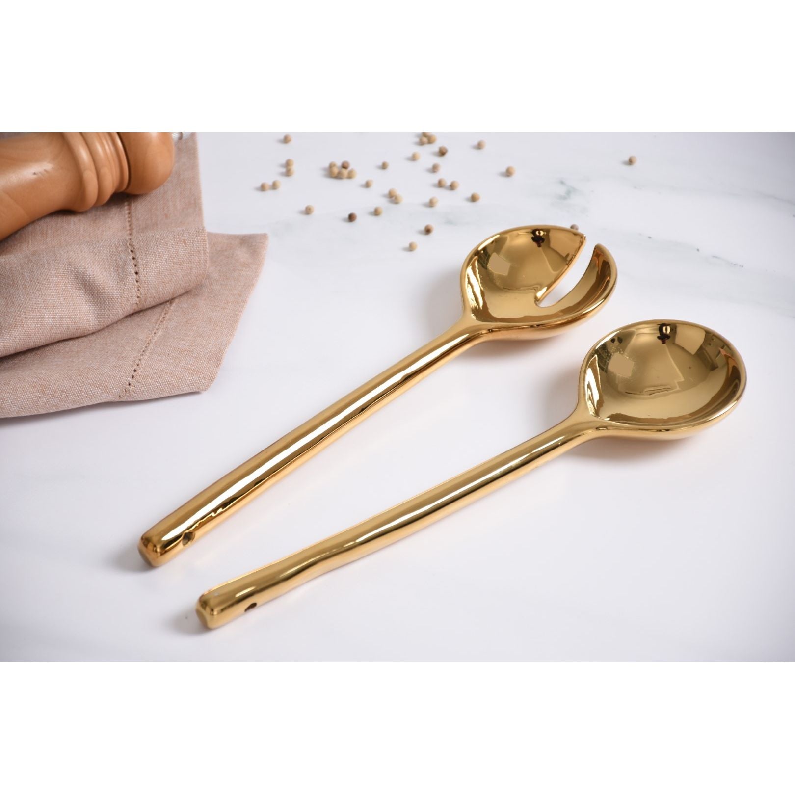 Madera Porcelain Salad Servers – Wood & Gold by Pampa Bay