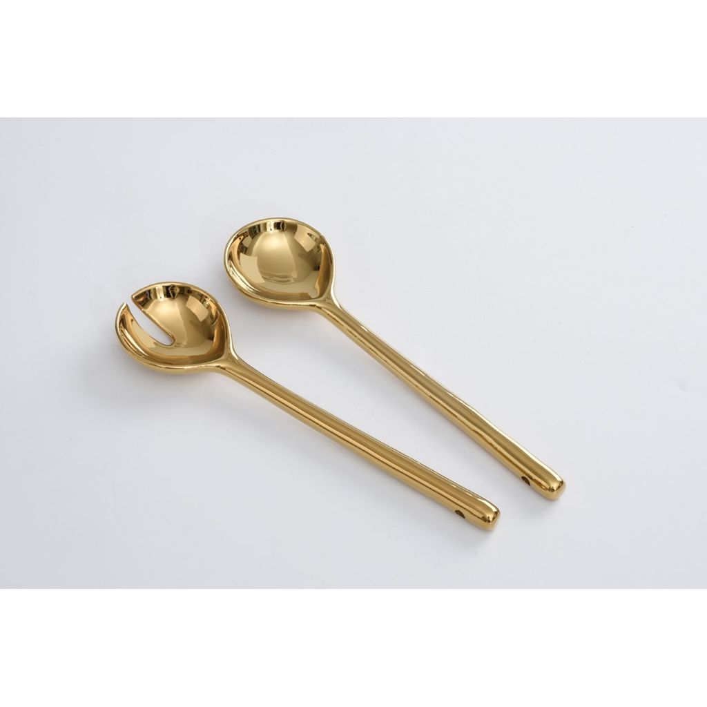 Madera Porcelain Salad Servers – Wood & Gold by Pampa Bay