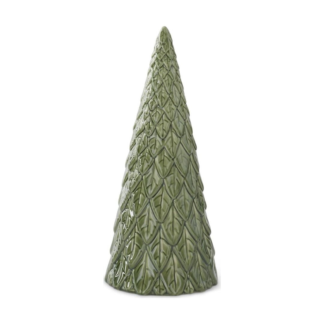 A small decorative tree-shaped ceramic vase or ornament in a textured, ribbed pattern, finished in a glossy sage green glaze, set against a plain white background.