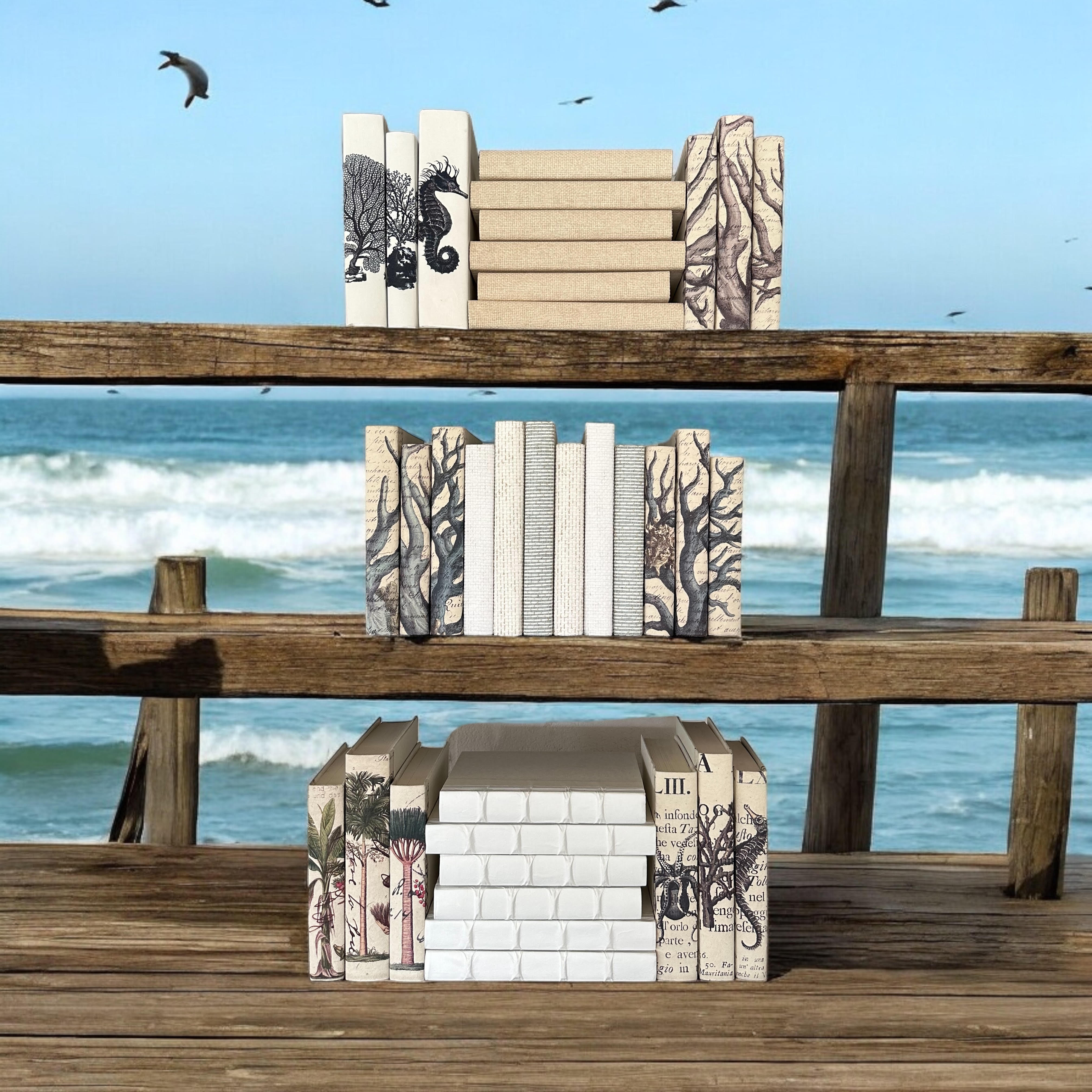 Curated Coastal Package of Off-White Book Covers for Decor by E Lawrence