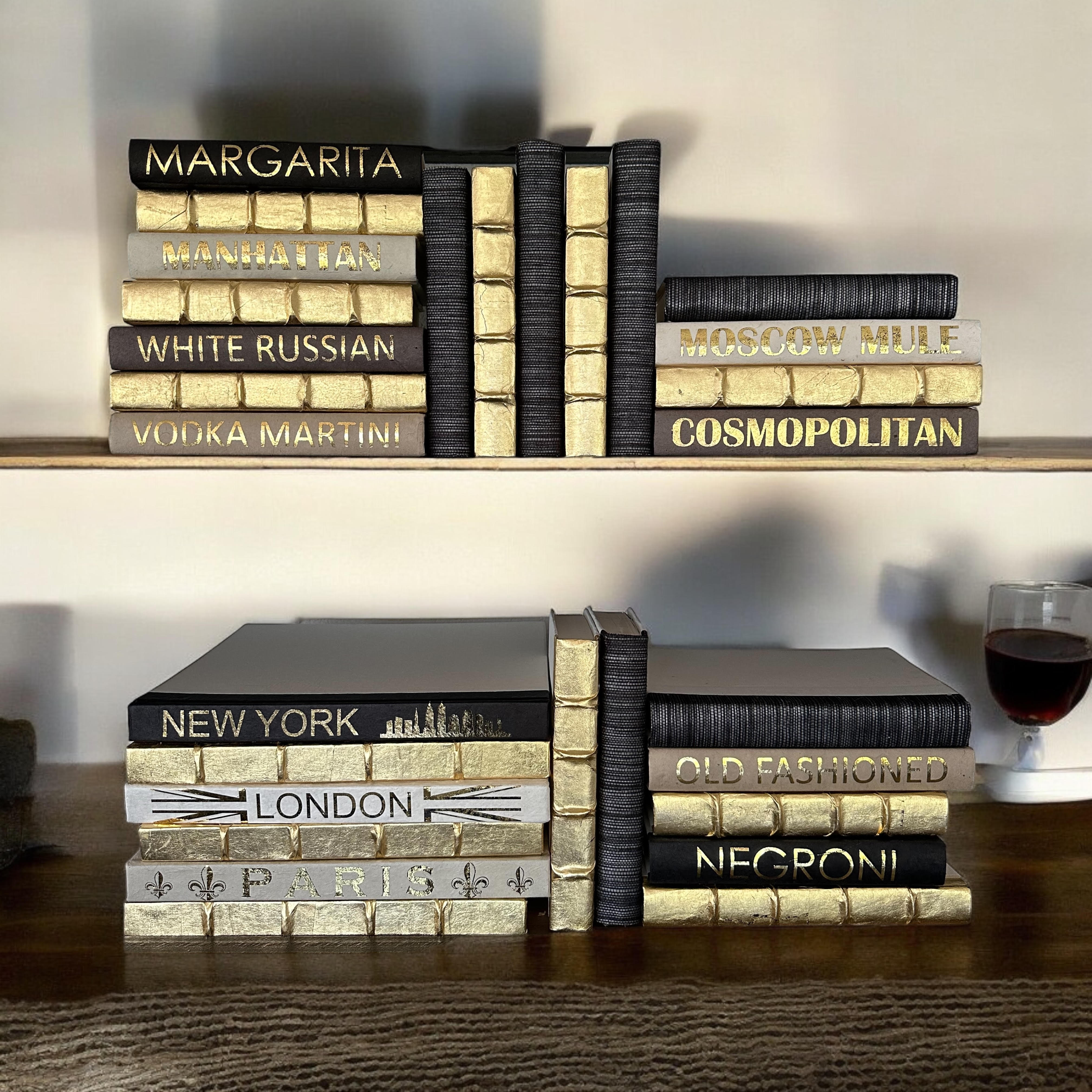 Curated Decorative Books Glam Package With Cocktail and City Names by E Lawrence