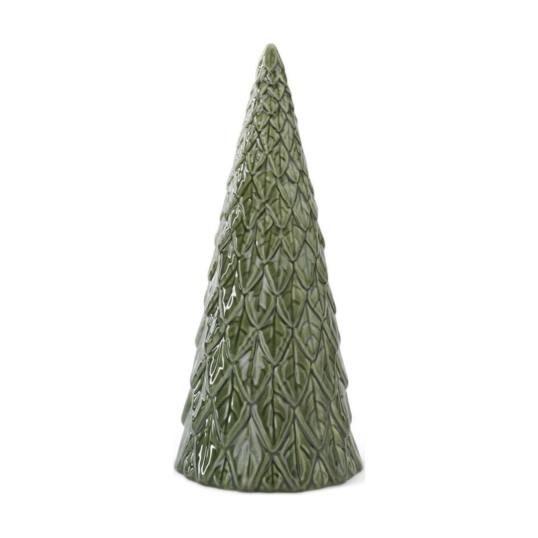 A small decorative tree-shaped ceramic vessel in a textured olive green glaze, shown against a plain white background.