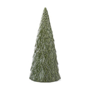 A small decorative tree-shaped ceramic vessel in a textured olive green glaze, shown against a plain white background.