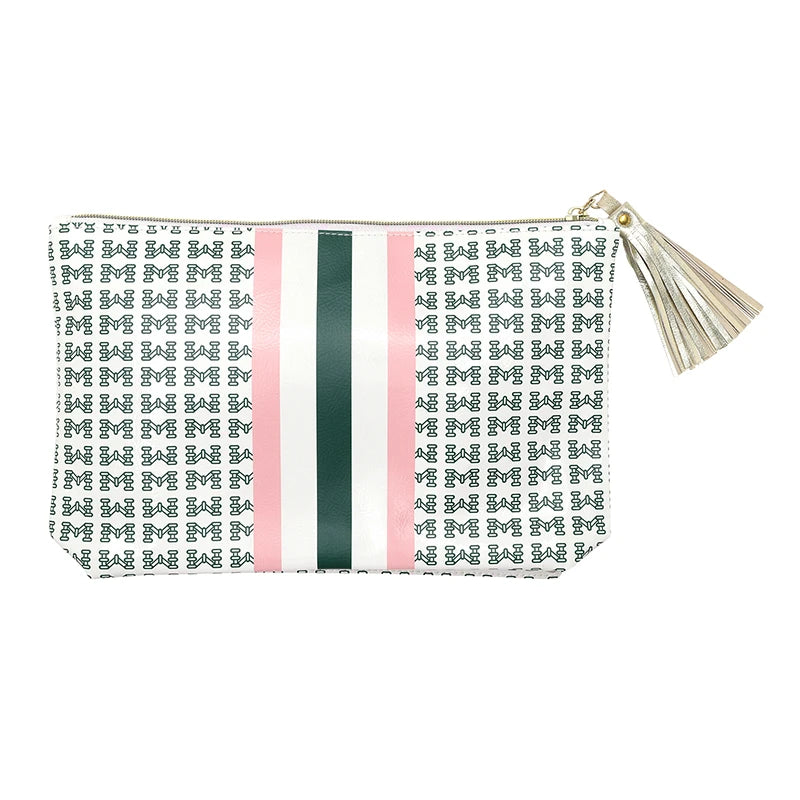 Pouch with patterned design and tassel on a white background