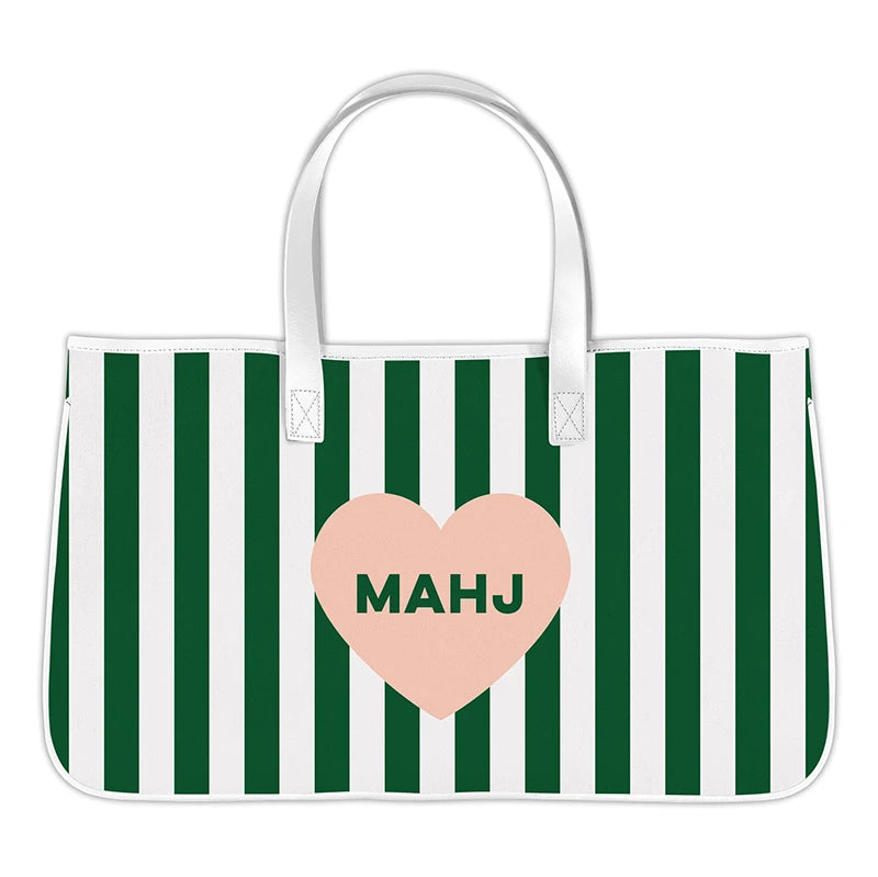 Green and white striped tote bag with a pink heart and 'MAHJ' text on a white background