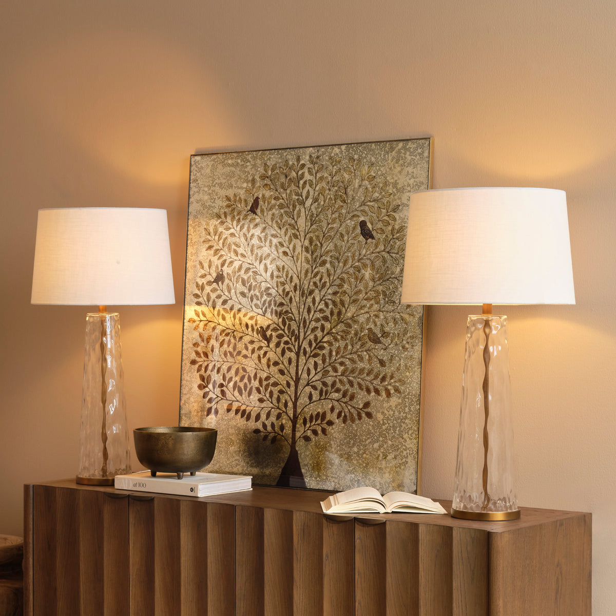 Milan Table Lamp with Linen Shade, Hammered Clear Glass