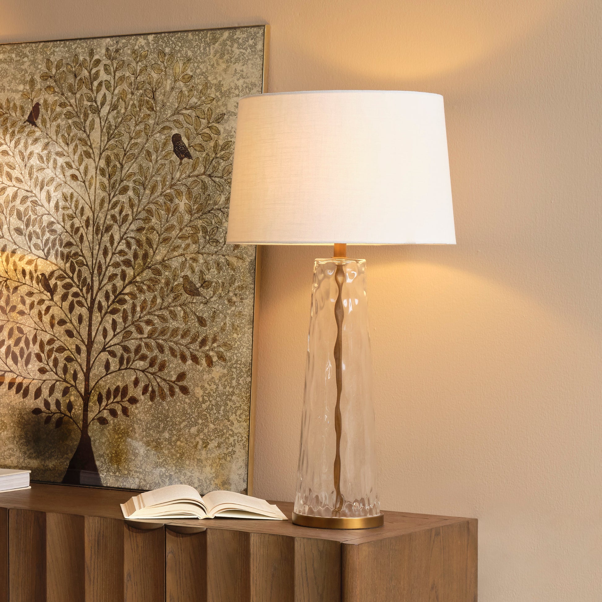 Milan Table Lamp with Linen Shade, Hammered Clear Glass