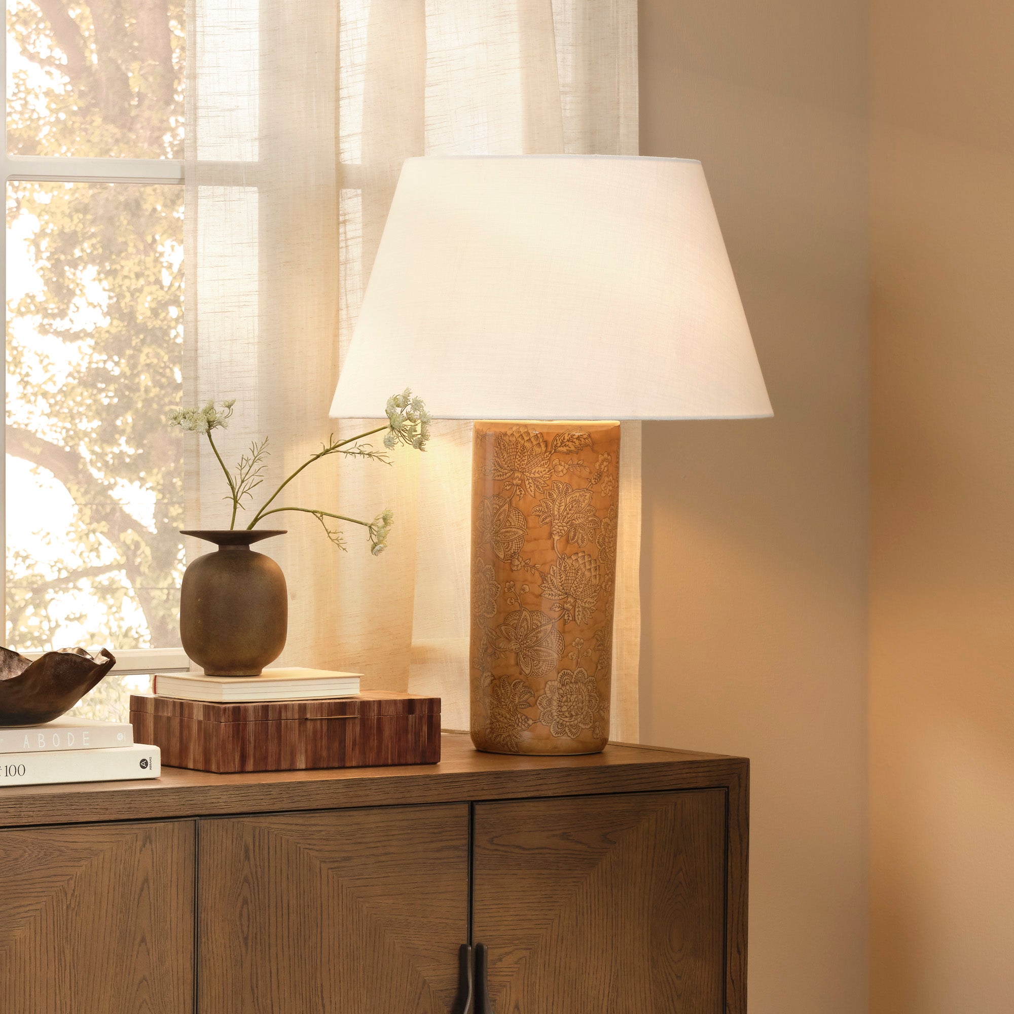 Etta Porcelain Table Lamp with Linen Shade, Caramel Brown