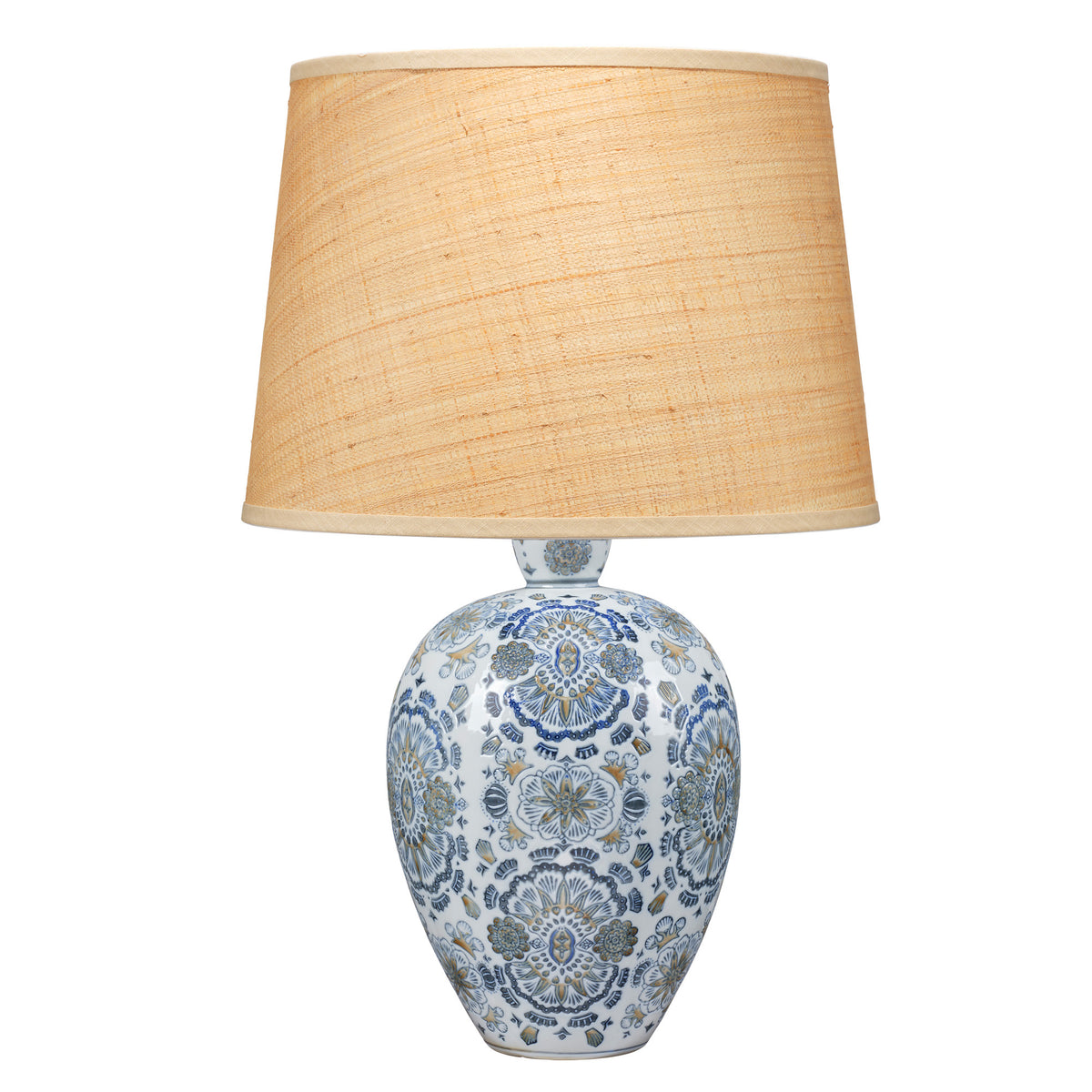 Ginny Porcelain Table Lamp with Raffia Shade, Blue and White