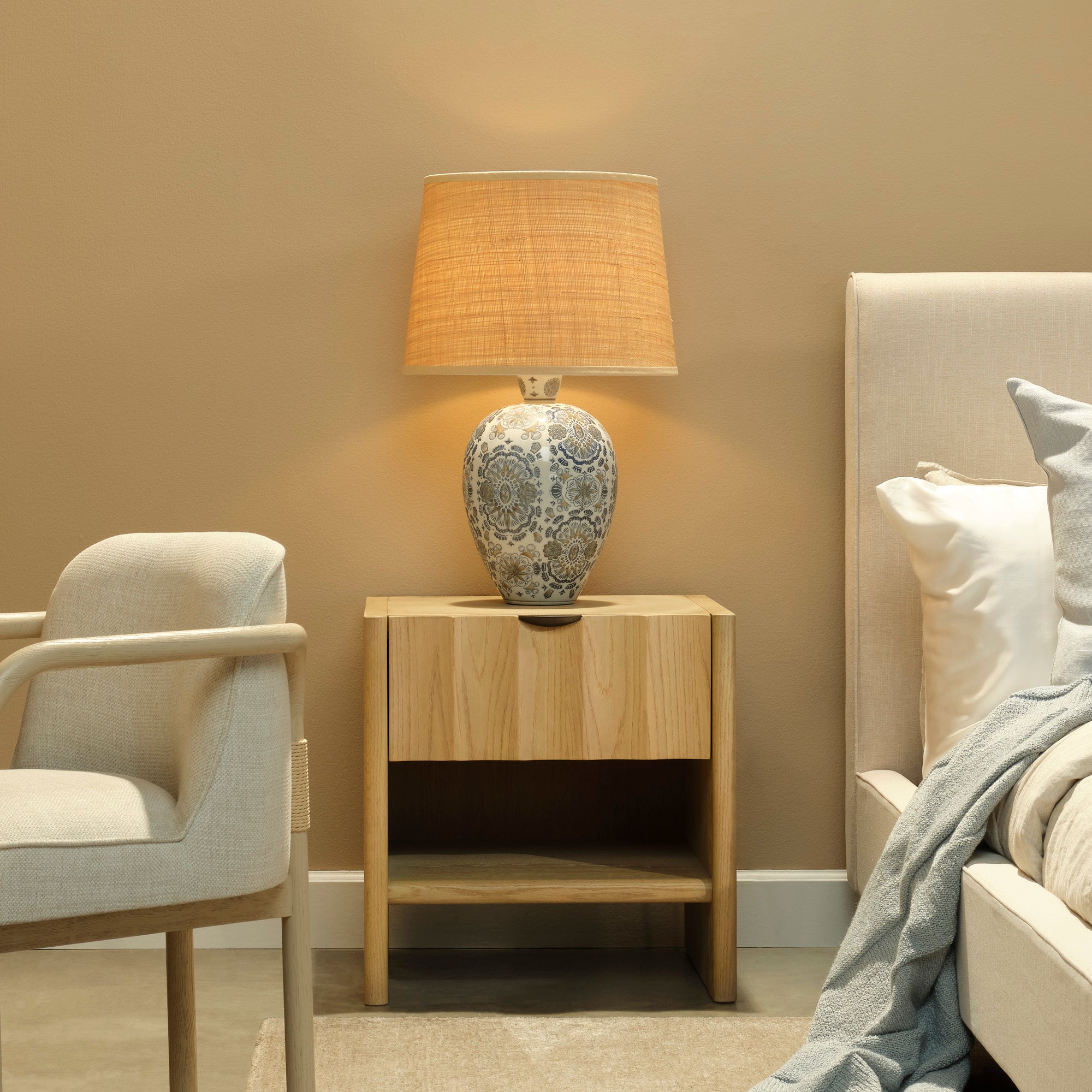 Ginny Porcelain Table Lamp with Raffia Shade, Blue and White