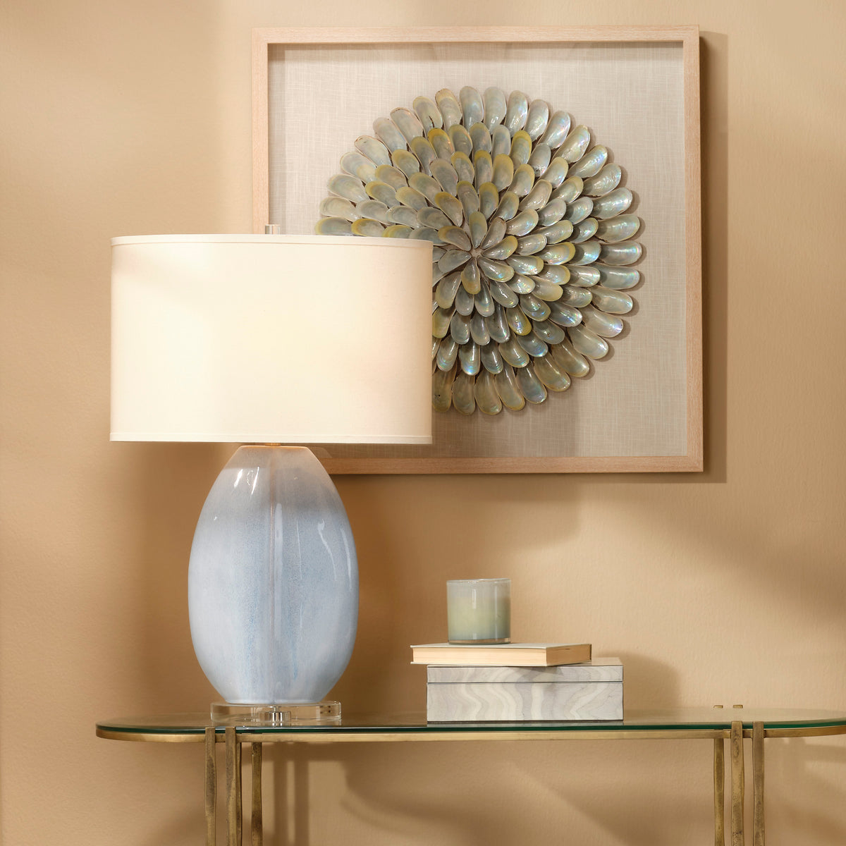 Coin Ceramic Table Lamp with Linen Shade, Cornflower Blue