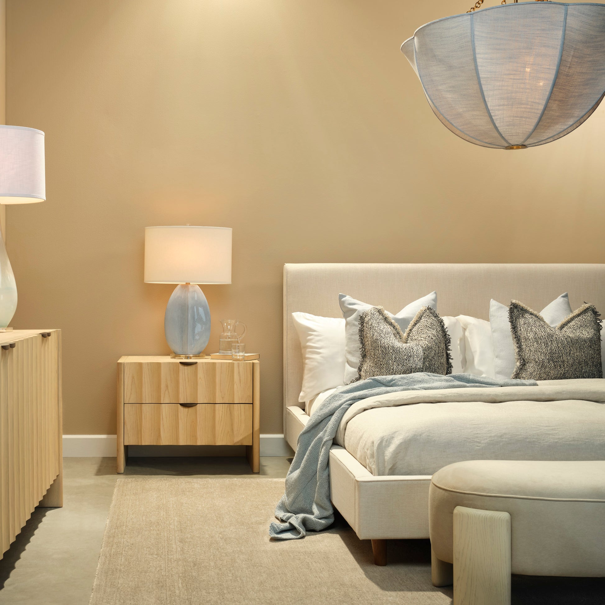 Coin Ceramic Table Lamp with Linen Shade, Cornflower Blue