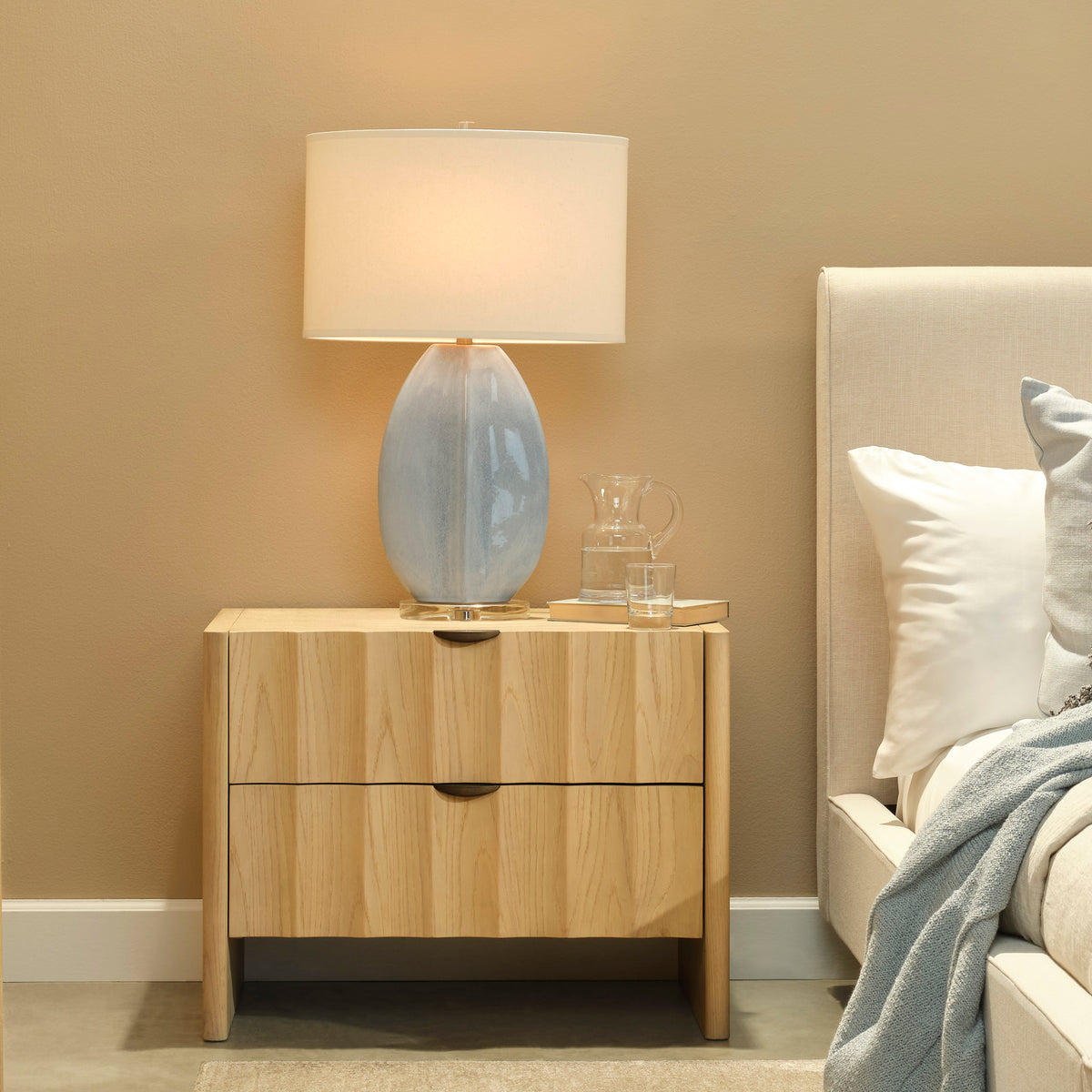 Coin Ceramic Table Lamp with Linen Shade, Cornflower Blue