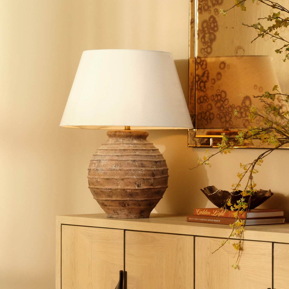 Cinder Terracotta Table Lamp with Linen Shade, Rusted Brown