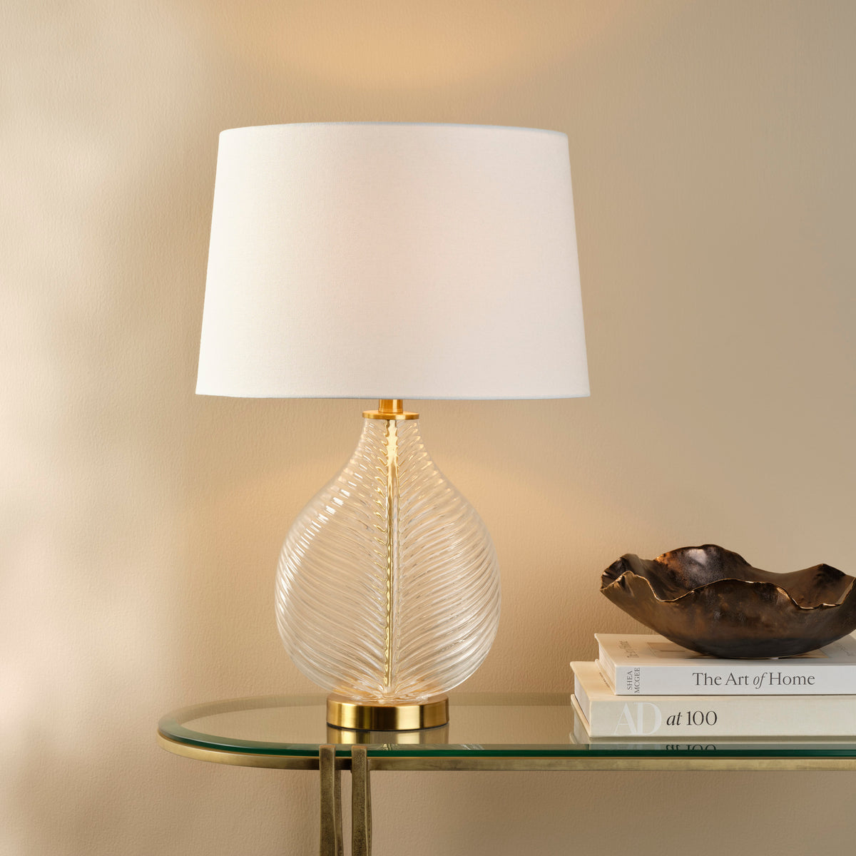 Maple Table Lamp with Linen Shade, Clear Glass