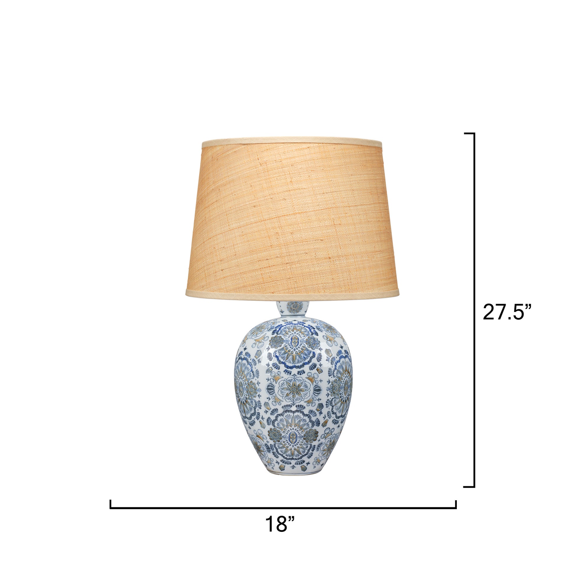 Ginny Porcelain Table Lamp with Raffia Shade, Blue and White