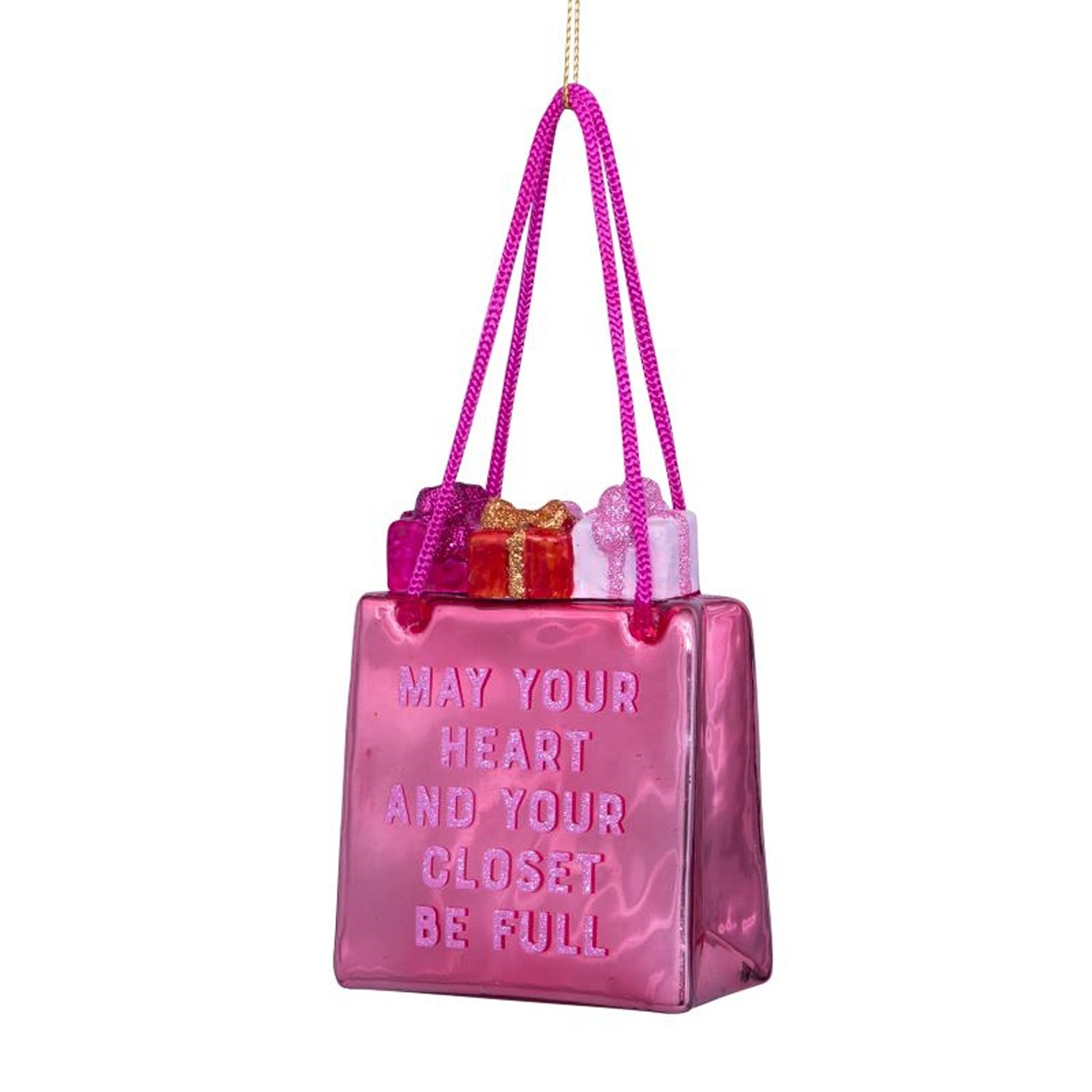 Ornament glass orange pink shopping bag H3.25"