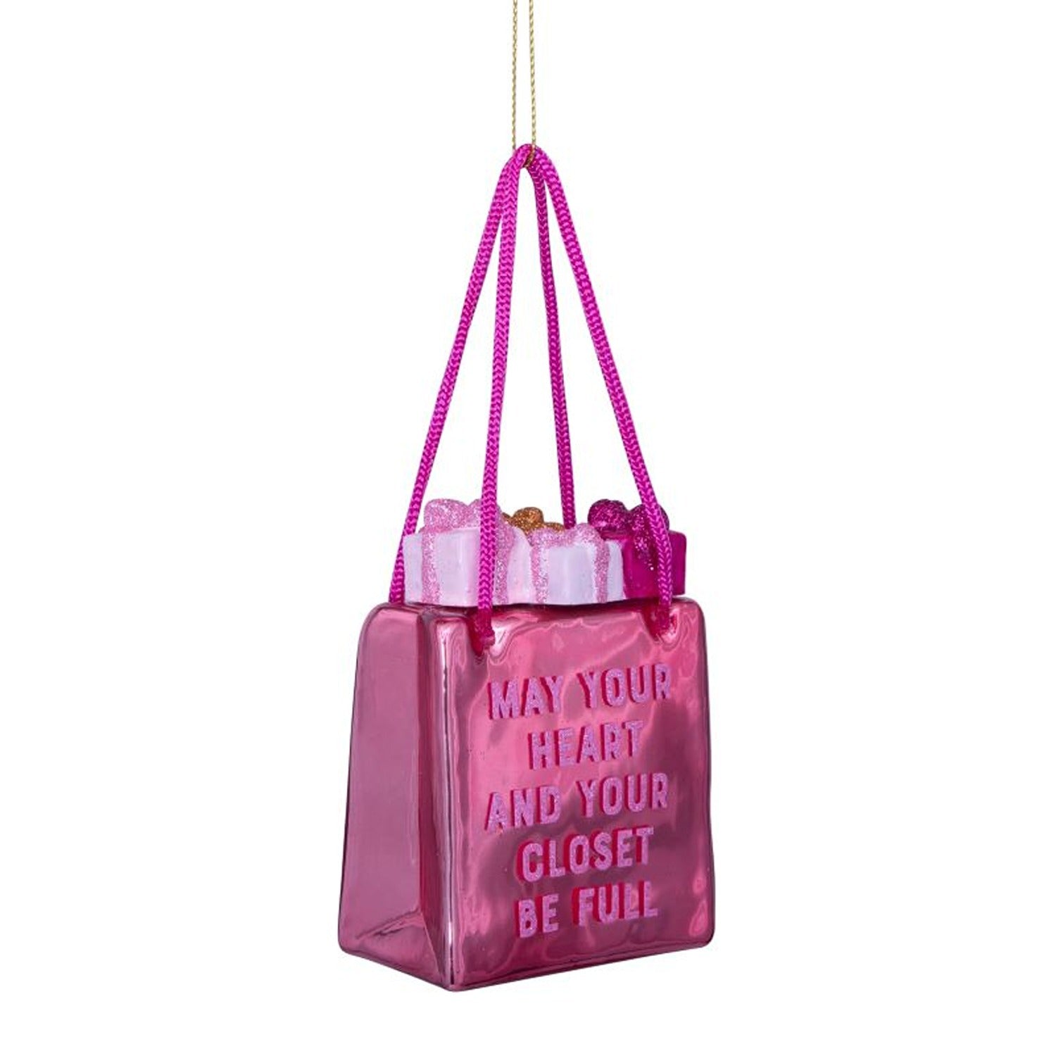 Ornament glass orange pink shopping bag H3.25"