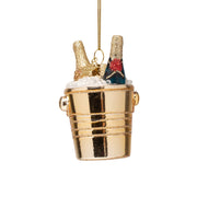 Ornament glass bottles of champagne in gold cooler H3.25"