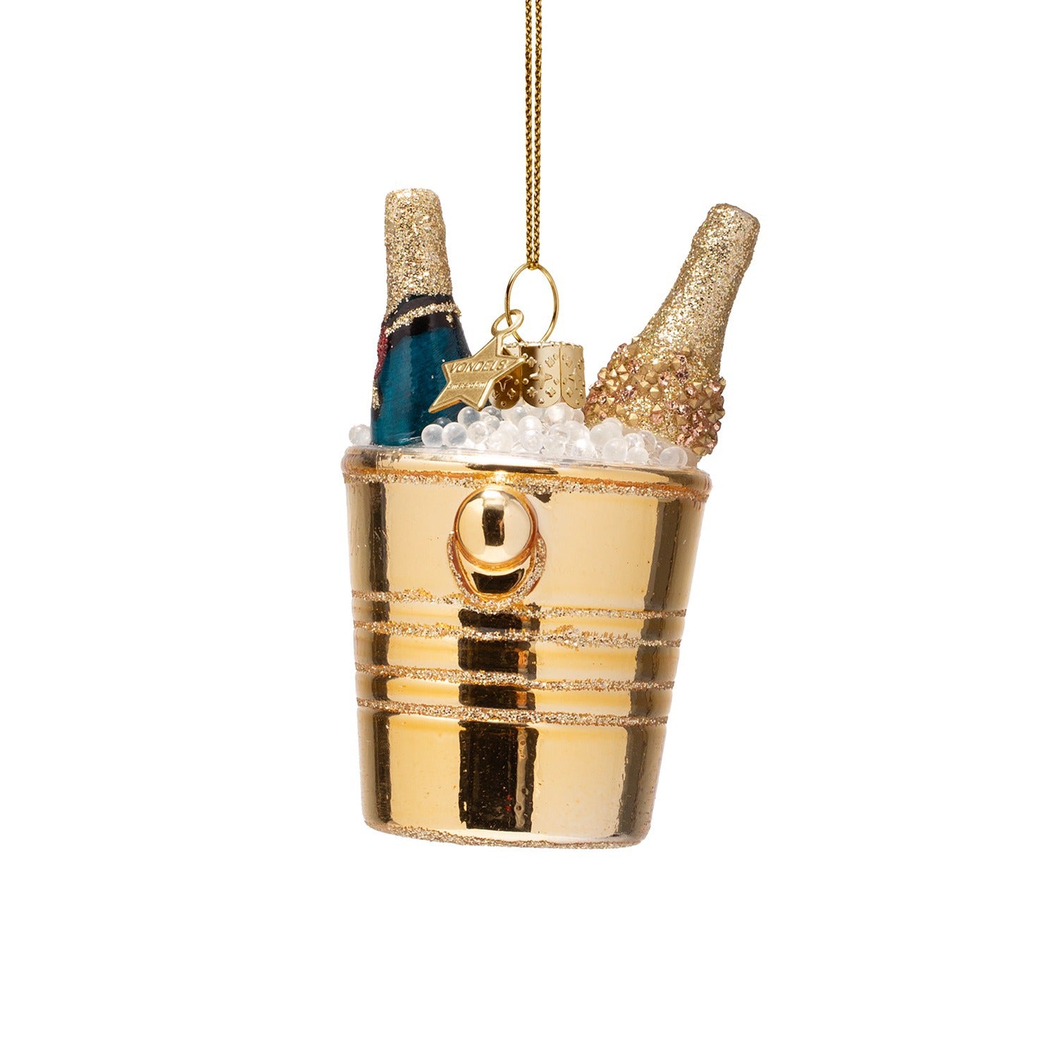 Ornament glass bottles of champagne in gold cooler H3.25"