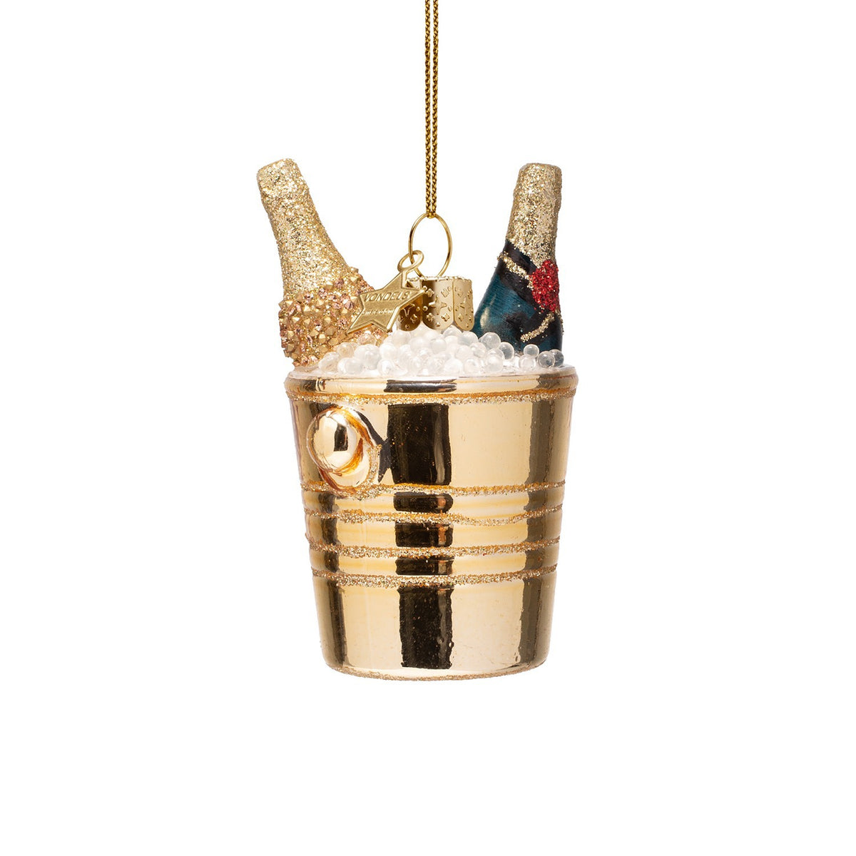 Ornament glass bottles of champagne in gold cooler H3.25"